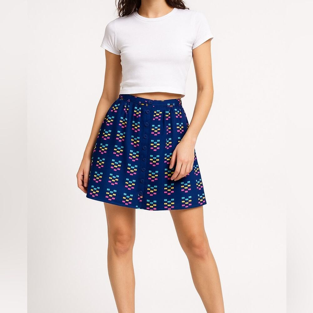 TULLE A-Line Button Front Mini Skirt | M | Navy Geo Print | Retro Indie Core